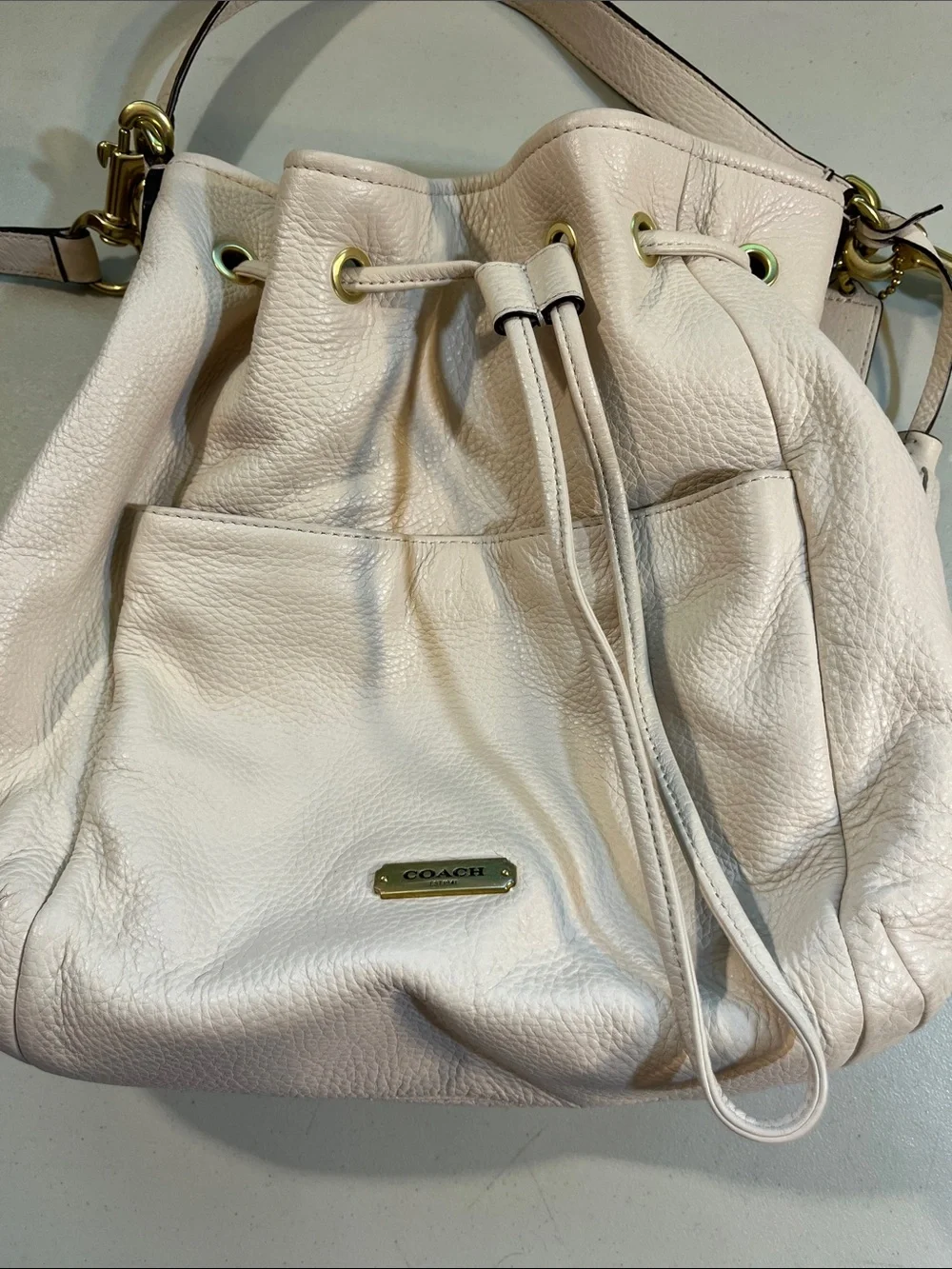 Coach Cream Leather Drawstring Shoulder Bag with Tassel